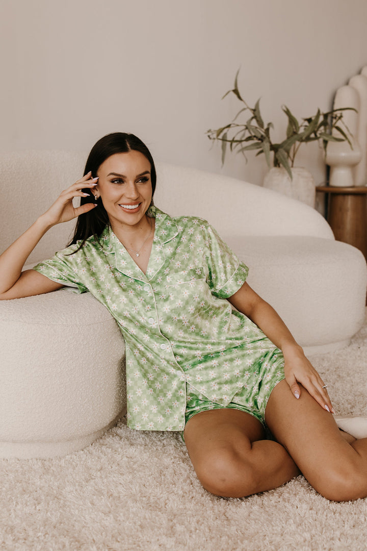 Green Daisy Checkered Satin Pajamas-4