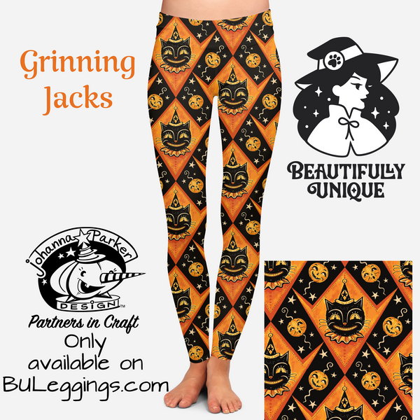 "Grinning Jack" (Johanna Parker Exclusive) Orange Vintage Cat - High-quality Leggings-0