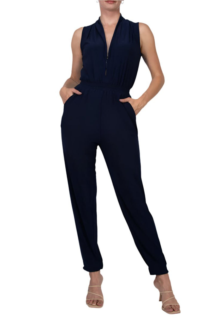 Laundry V-Neck Zipper Front Sleeveless Ruched Solid Jumpsuit-0