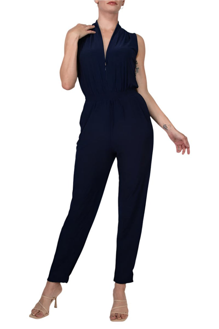 Laundry V-Neck Zipper Front Sleeveless Ruched Solid Jumpsuit-1