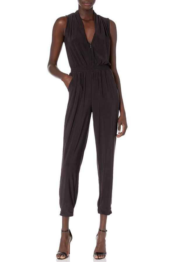 Laundry V-Neck Zipper Front Sleeveless Ruched Solid Jumpsuit-5