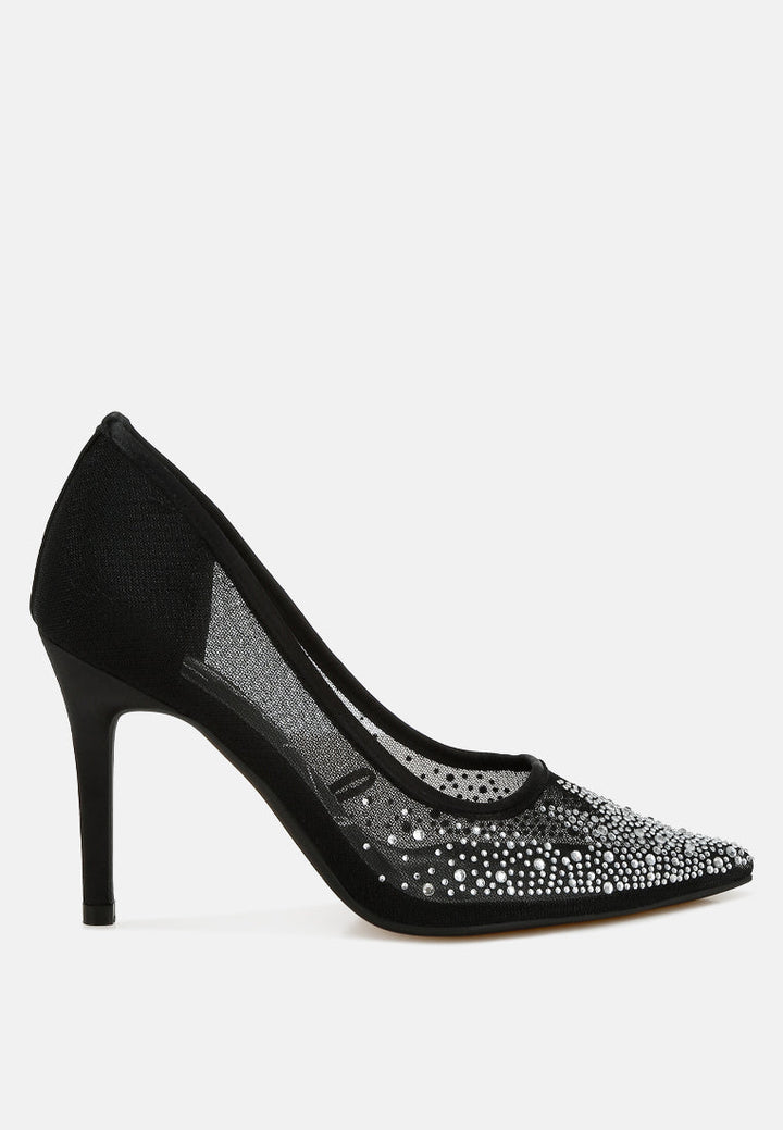 High Ball Mesh Rhinestone Stiletto Pumps-6