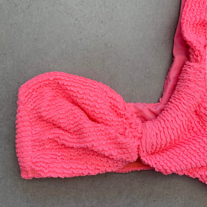 Neon Pink Flamingo Textured Greek Bikini Top-2