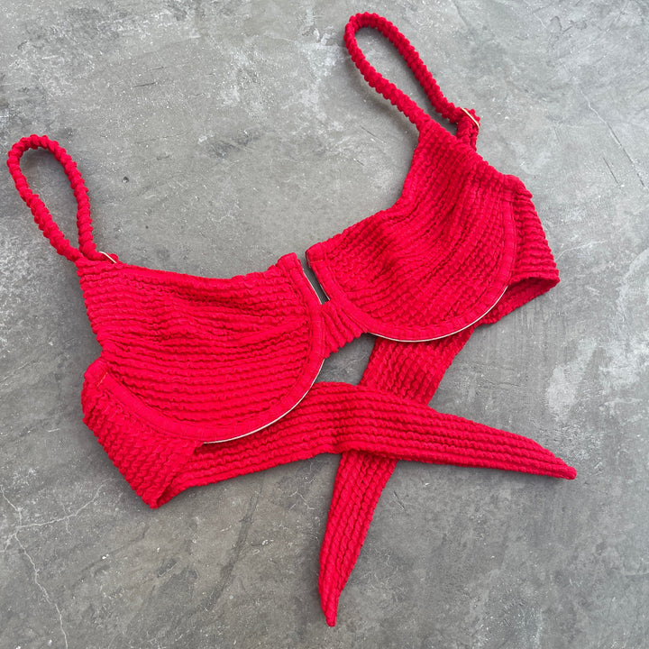 Mexican Chili Red Textured Panneled Bikini Top-1