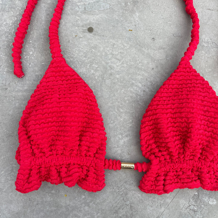 Mexican Chili Red Textured Triangle Frill Bikini Top-1
