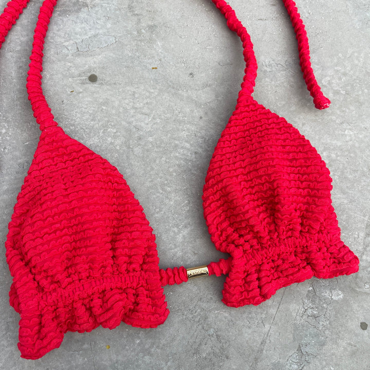 Mexican Chili Red Textured Triangle Frill Bikini Top-2
