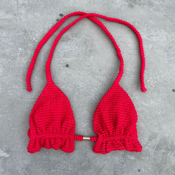 Mexican Chili Red Textured Triangle Frill Bikini Top-0