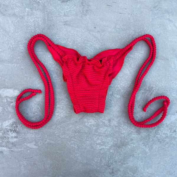 Mexican Chili Red Textured Ripple Side Tie Bikini Bottom-0