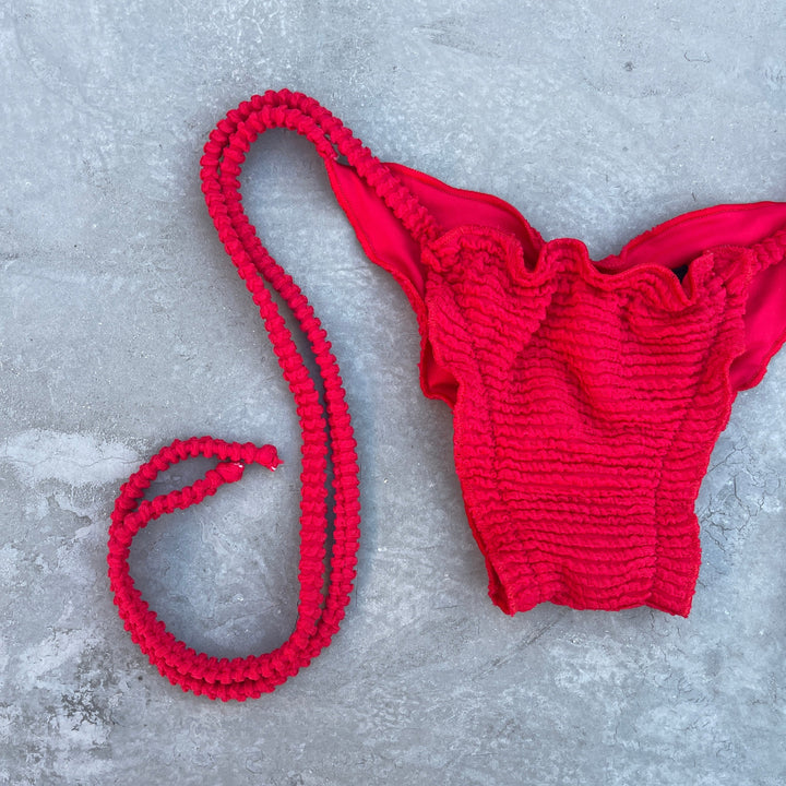 Mexican Chili Red Textured Ripple Side Tie Bikini Bottom-1