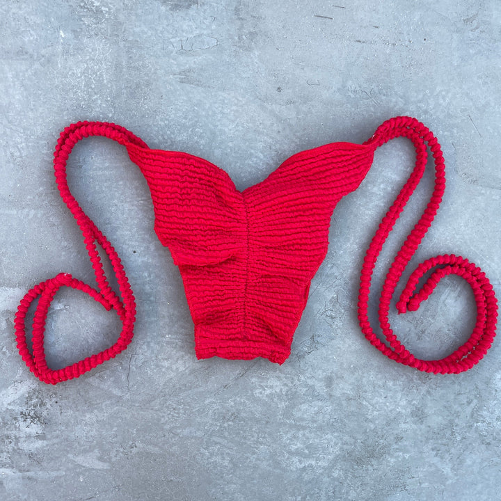 Mexican Chili Red Textured Ripple Side Tie Bikini Bottom-2