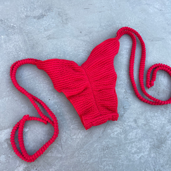 Mexican Chili Red Textured Ripple Side Tie Bikini Bottom-3