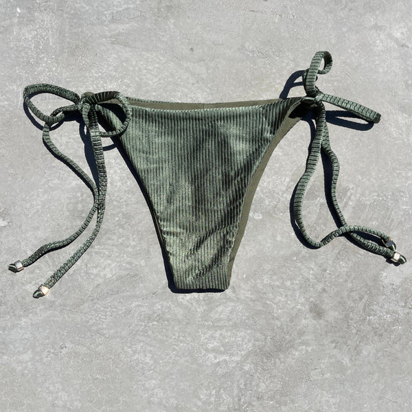 Army Green Ribbed Side Tie Bikini Bottom-0