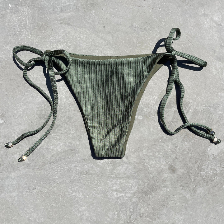 Army Green Ribbed Side Tie Bikini Bottom-0