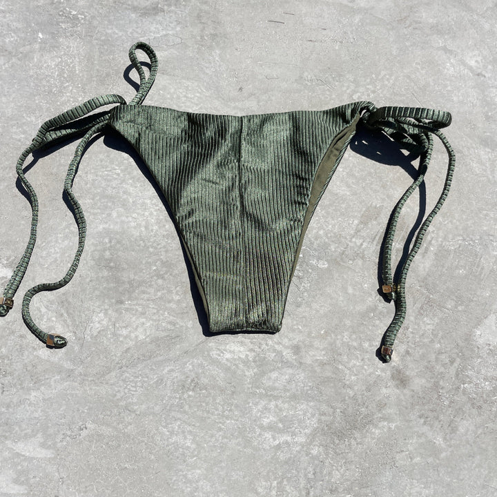 Army Green Ribbed Side Tie Bikini Bottom-1