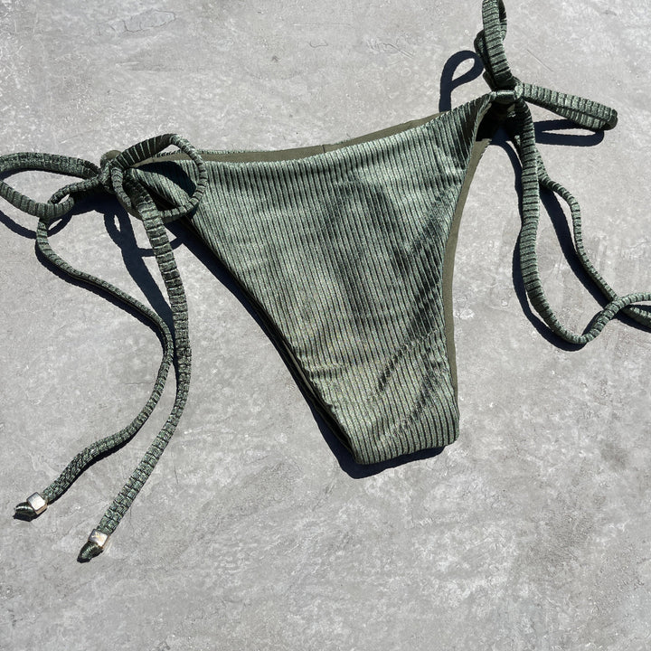 Army Green Ribbed Side Tie Bikini Bottom-2