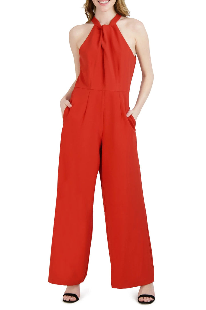 Julia Jordan Crossed Neck Keyhole Racerback Solid Crepe Jumpsuit-7