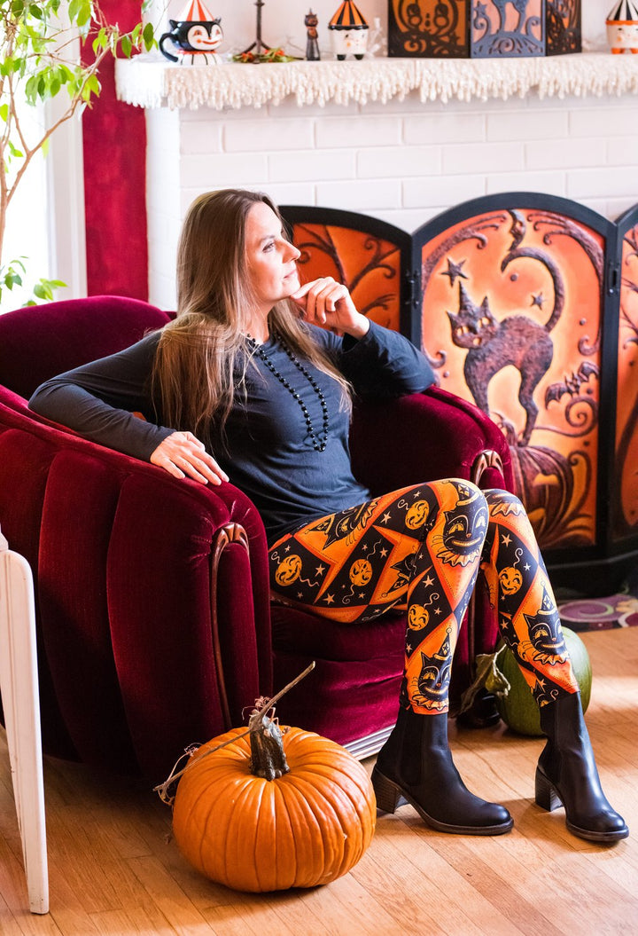 "Grinning Jack" (Johanna Parker Exclusive) Orange Vintage Cat - High-quality Leggings-2