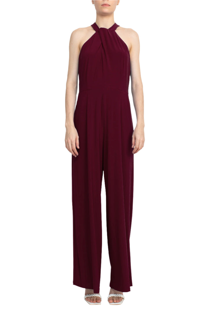 Nina Leonard Crossed Neck Sleeveless Keyhole Back Solid Jersey Jumpsuit-5