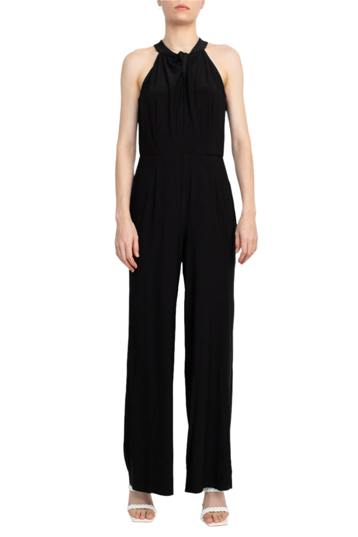 Nina Leonard Crossed Neck Sleeveless Keyhole Back Solid Jersey Jumpsuit-0