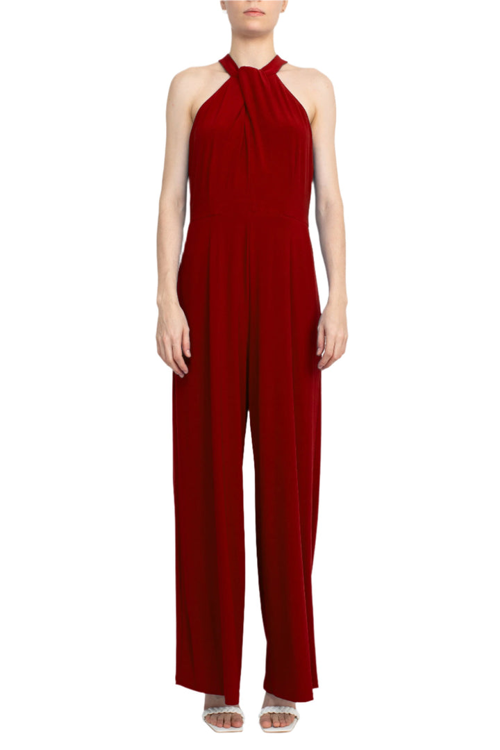 Nina Leonard Crossed Neck Sleeveless Keyhole Back Solid Jersey Jumpsuit-8