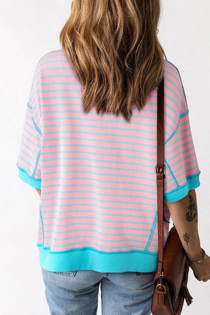 Adley Stripe Oversized Exposed Seam High Low Top-1