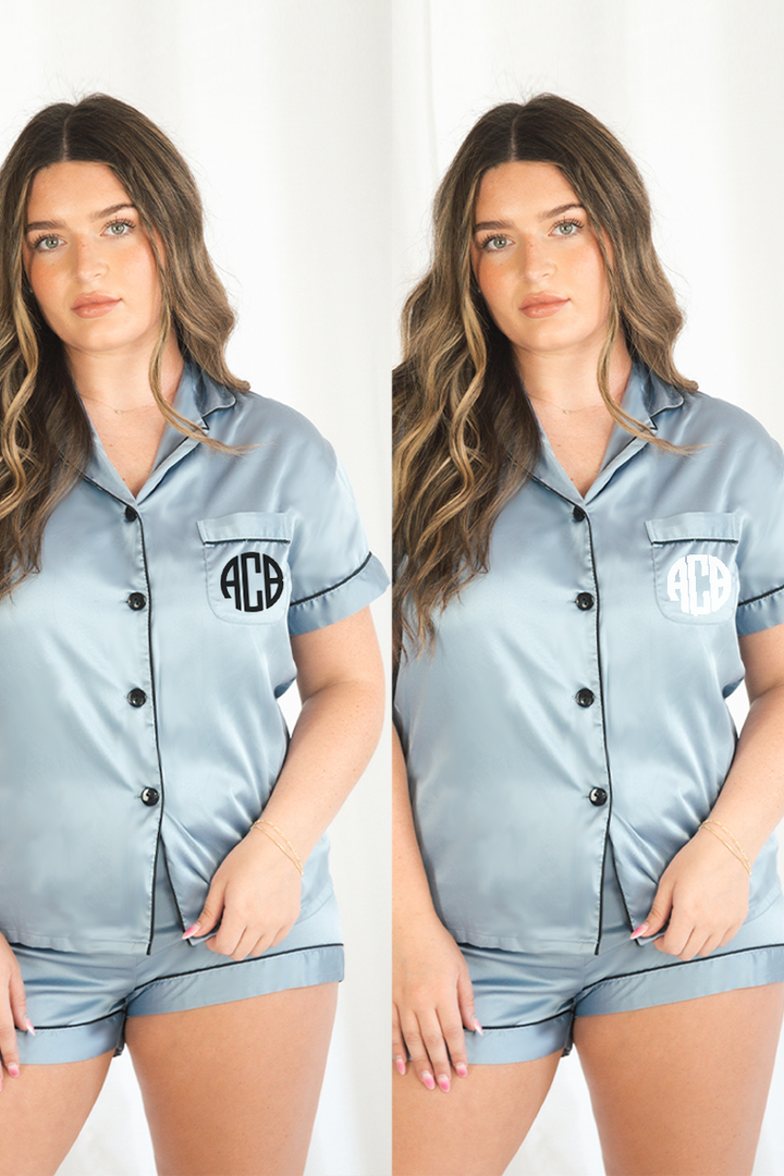Baby Blue with Black Trim Satin Pajamas-3