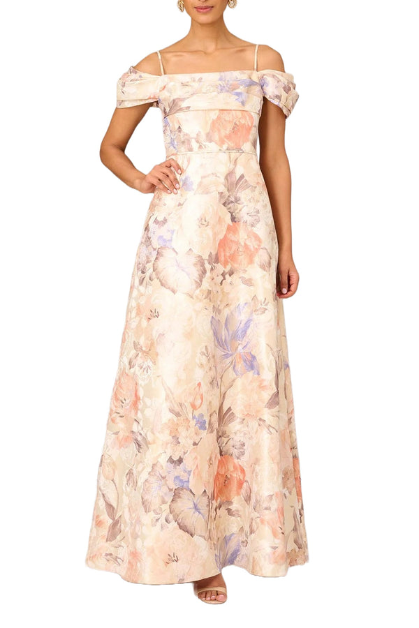 Aidan Mattox Off The Shoulder Zipper Back Printed Metallic Jacquard Gown-0