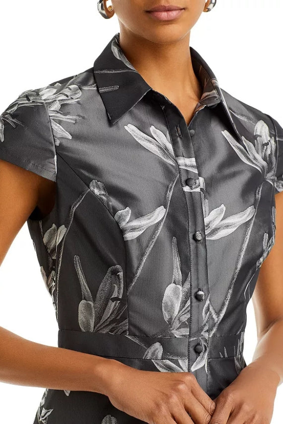 Aidan Mattox Spread Collar Short Sleeve Front Button With Pocket Floral Jacquard Midi Fit & Flare Dress-2