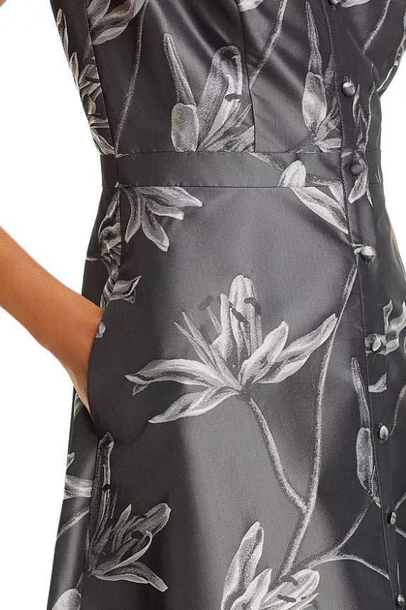 Aidan Mattox Spread Collar Short Sleeve Front Button With Pocket Floral Jacquard Midi Fit & Flare Dress-3