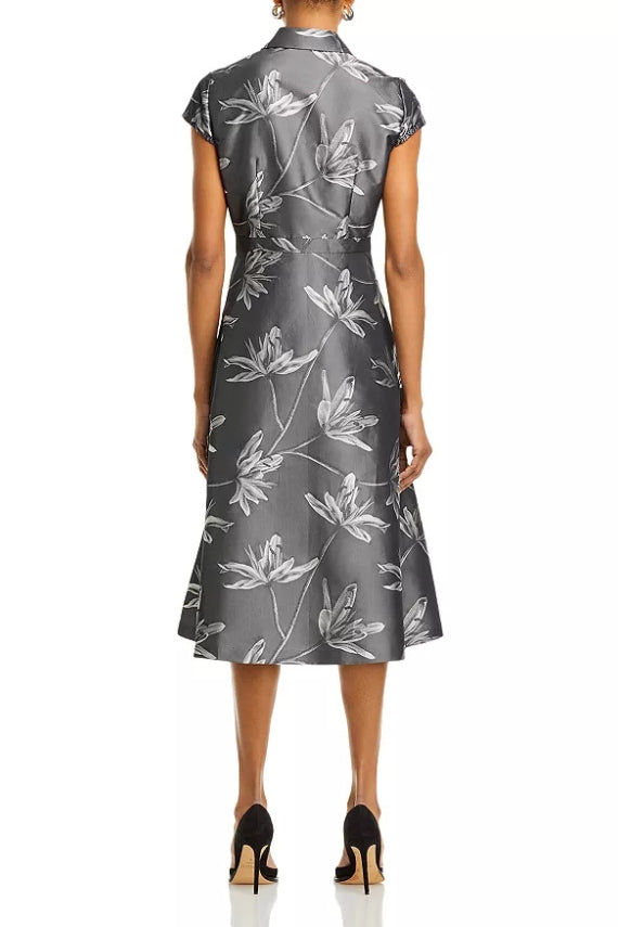 Aidan Mattox Spread Collar Short Sleeve Front Button With Pocket Floral Jacquard Midi Fit & Flare Dress-1