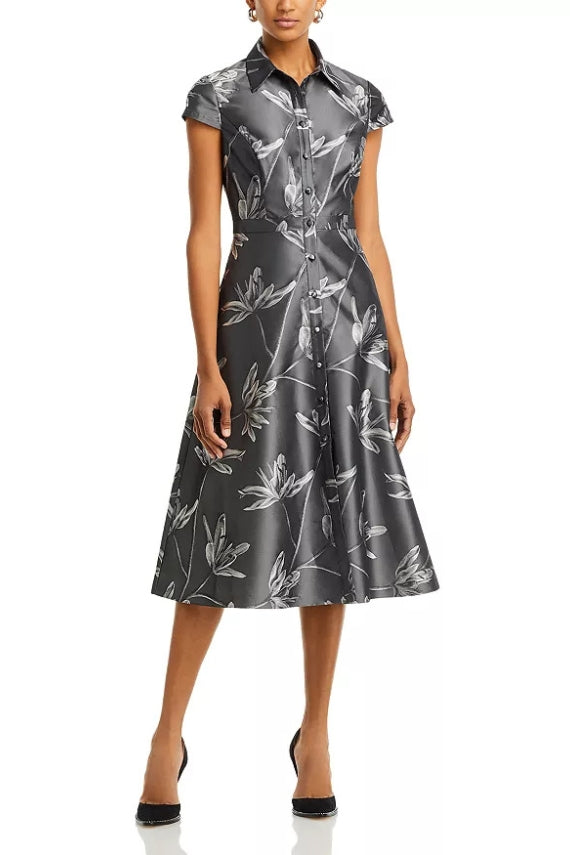 Aidan Mattox Spread Collar Short Sleeve Front Button With Pocket Floral Jacquard Midi Fit & Flare Dress-0