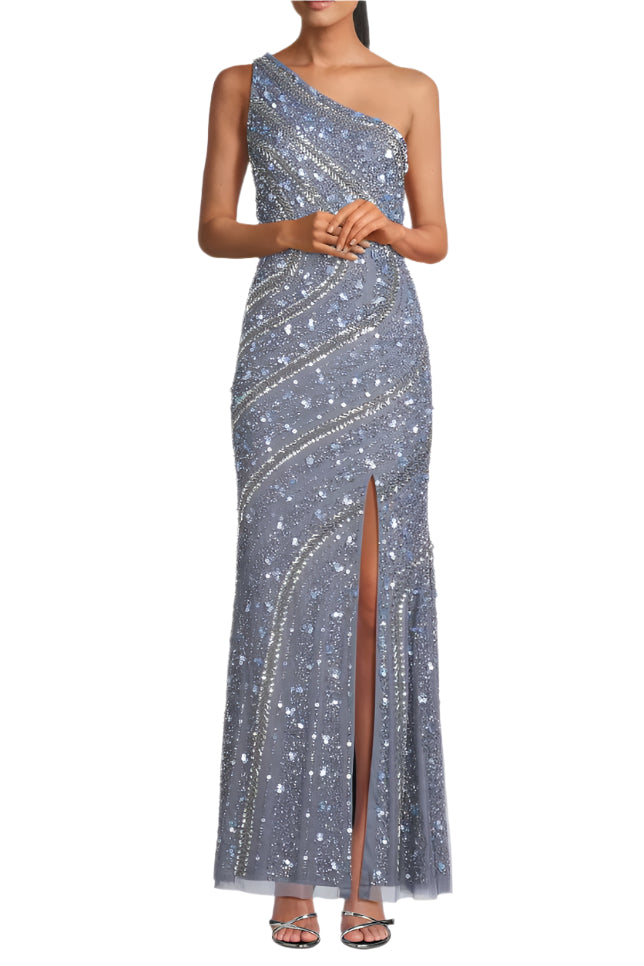 Aidan Mattox Beaded Sequin One-Shoulder Gown-0
