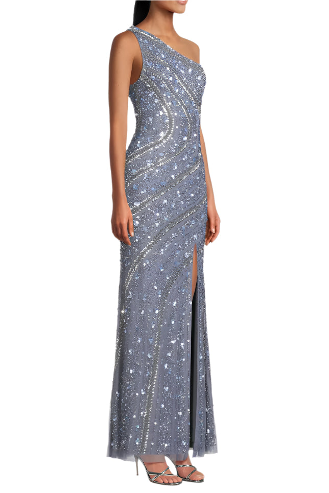 Aidan Mattox Beaded Sequin One-Shoulder Gown-1