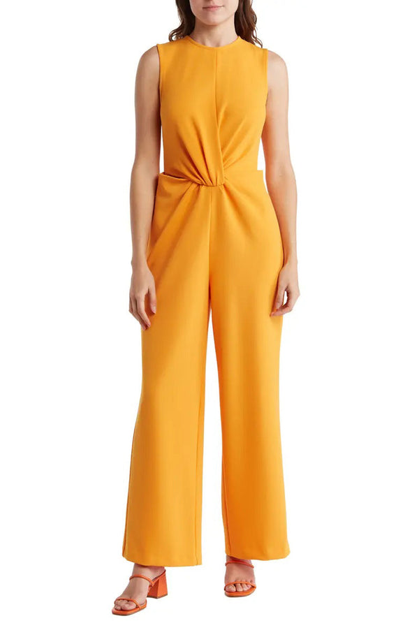 Nicole Miller round neck sleeveless zipper closure twist front solid stretch crepe jumpsuit-0