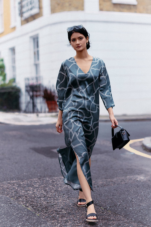 Maxi Dress with Side Slits in Abstract Stripes-0