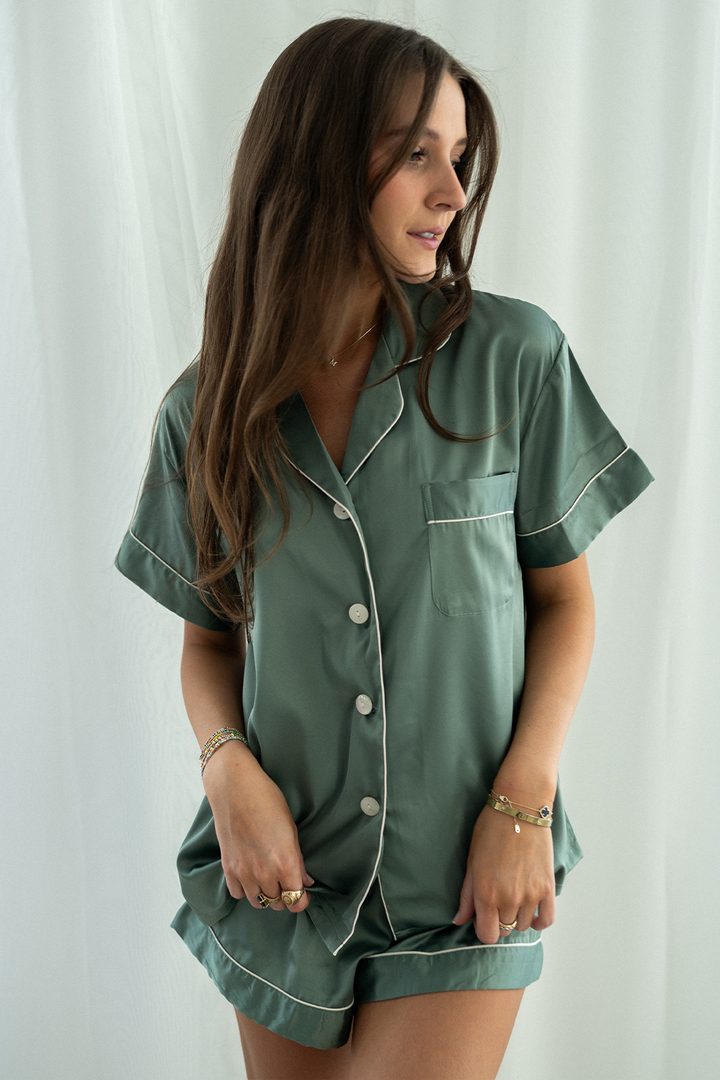 Eucalyptus Green Satin Pajamas Shorts Set-4