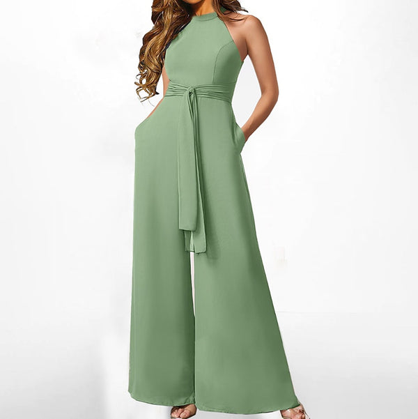 Solid Color Sleeveless Halter High Waist Lace up Straight Casual Jumpsuit Summer