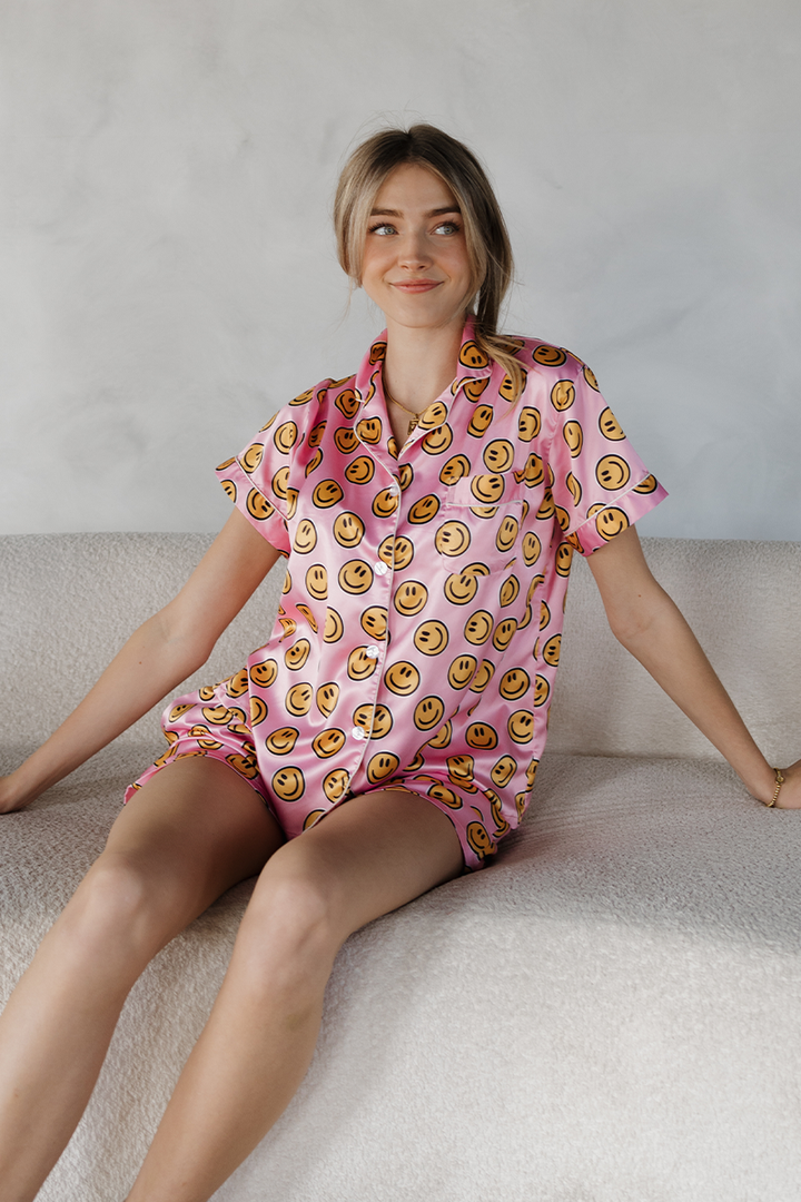 Pink Smiley Satin pajamas-1