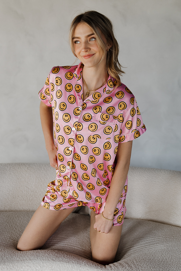 Pink Smiley Satin pajamas-2