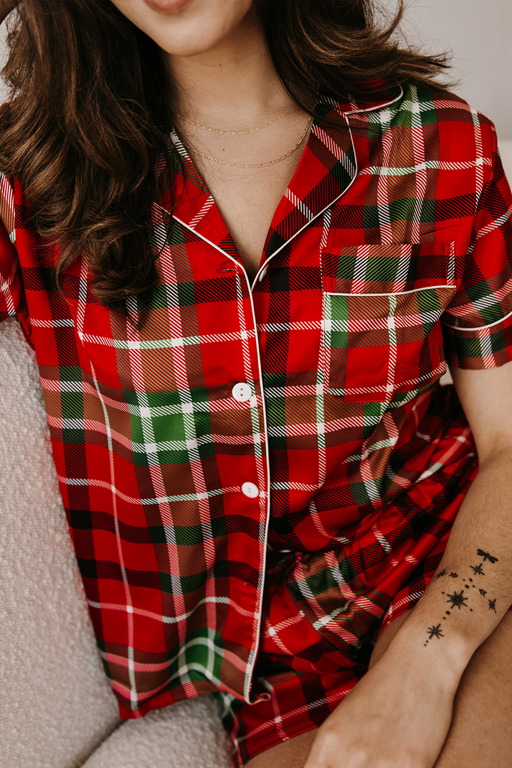 Women's Red Plaid Satin pajamas-4
