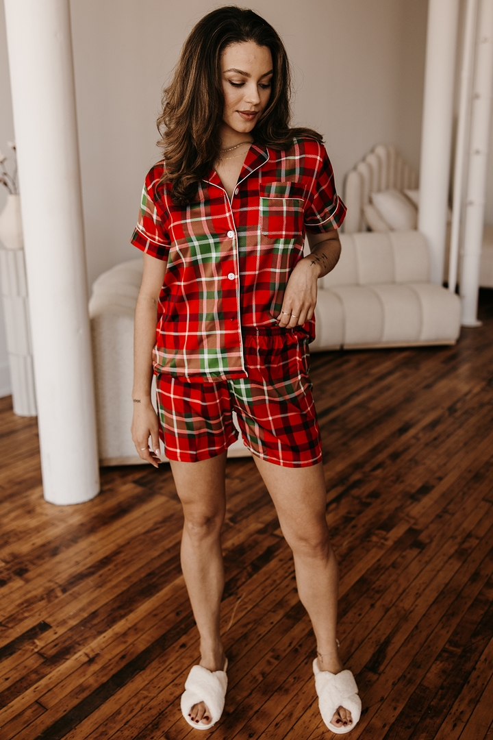 Women's Red Plaid Satin pajamas-3
