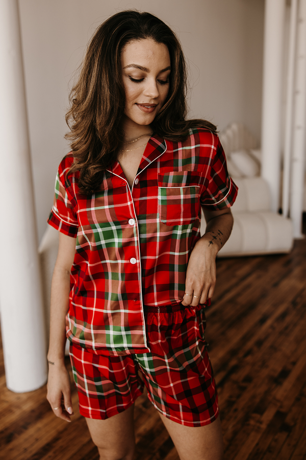 Women's Red Plaid Satin pajamas-0