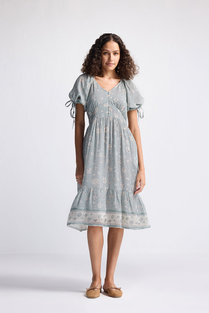 Puff Sleeve Midi Dress in Sage Green-0
