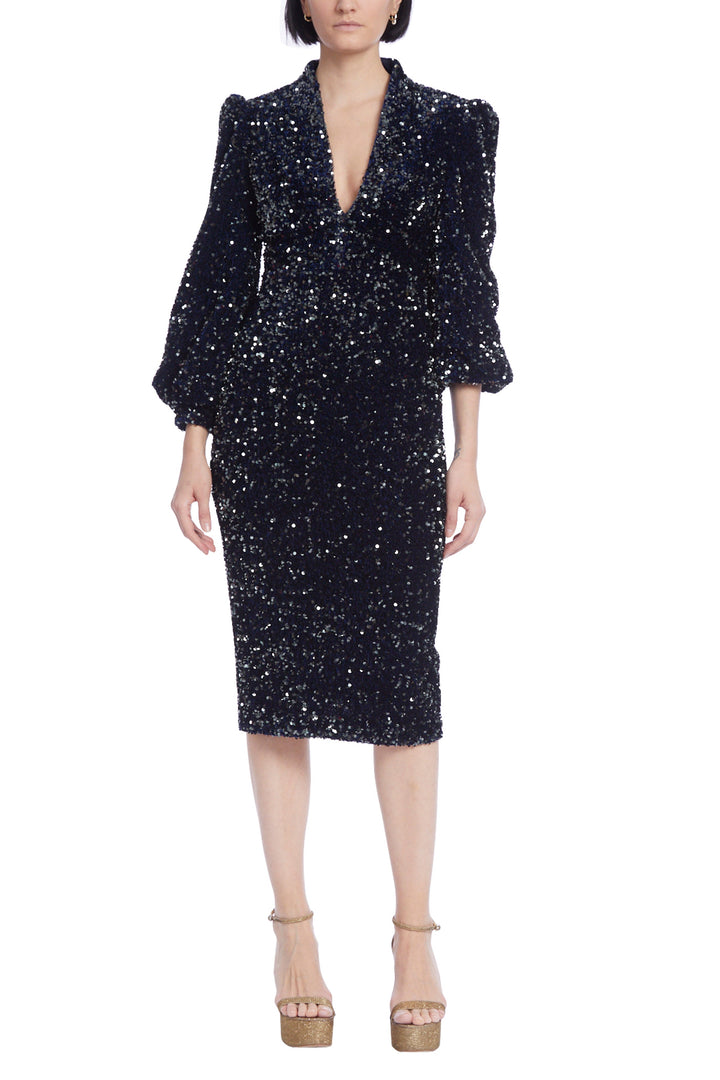 Badgley Mischka Long-Sleeved Sequins Velvet Coat Dress-0