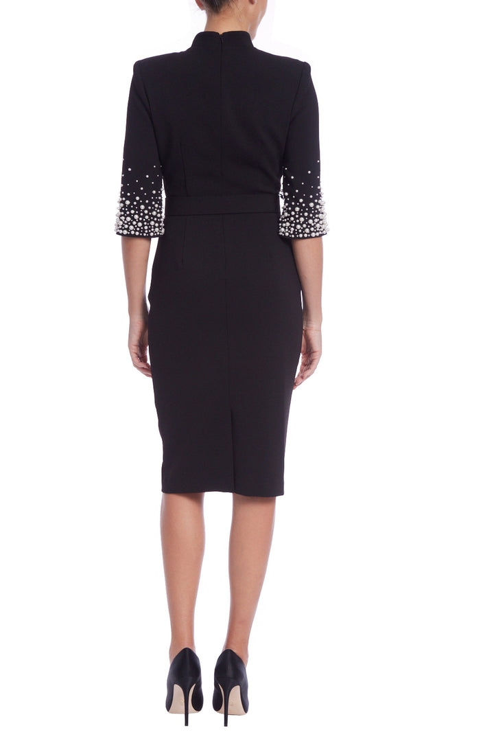 Badgley Mischka Mock Neck Quarter Sleeve Pearled Cuffs With Belt Crepe Silhouette Back Zipper Dress-2