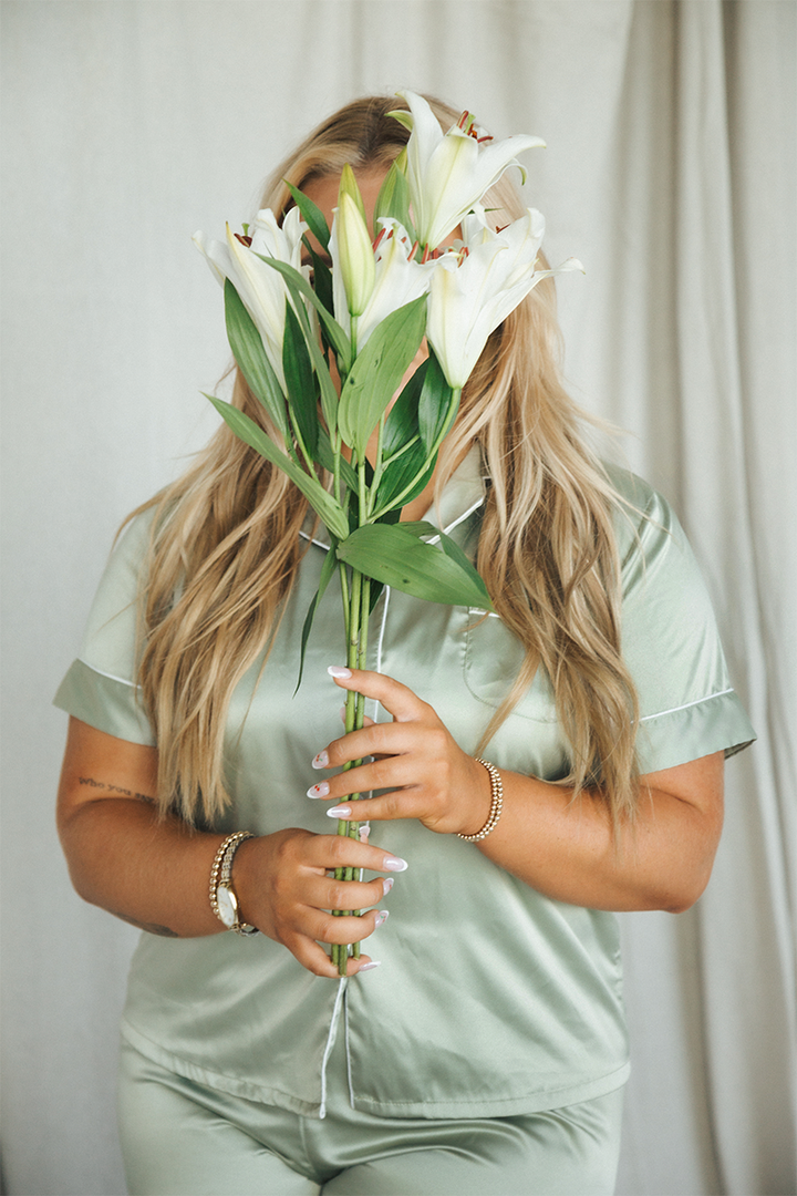 Sage Green Satin Pajamas with White Trim-1