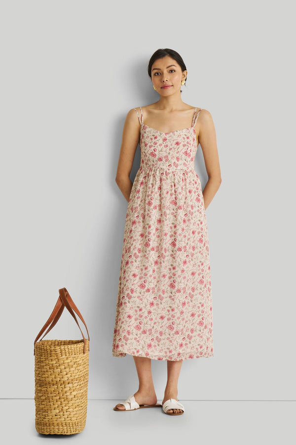 Strappy Gathered Midi Dress in Pink Florals-0