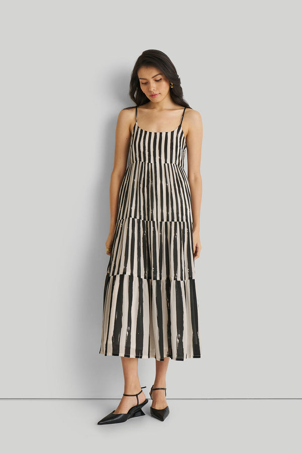 Strappy Tiered Maxi Dress in Black Stripes-0