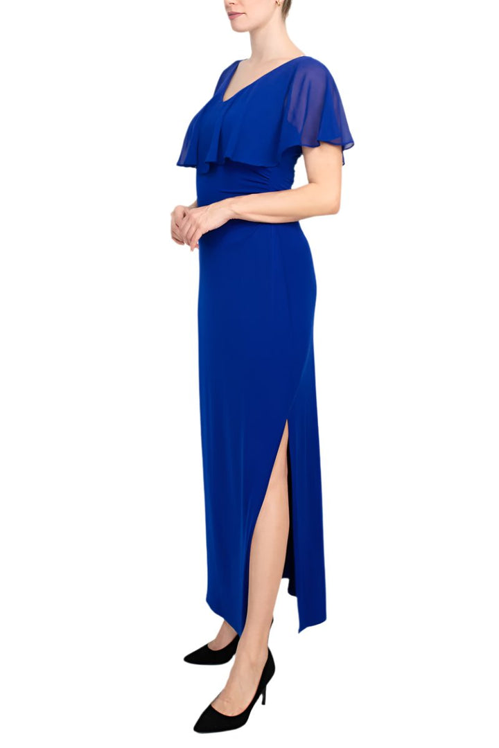 Connected Apparel V-neck Flutter Chiffon Sleeve Solid Column Matte Jersey Gown-1