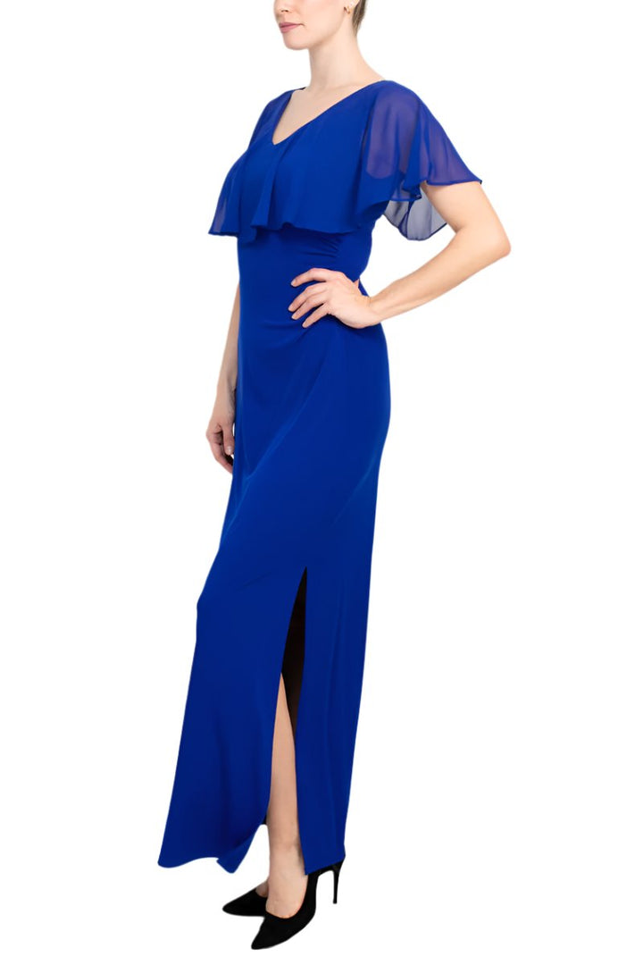 Connected Apparel V-neck Flutter Chiffon Sleeve Solid Column Matte Jersey Gown-2